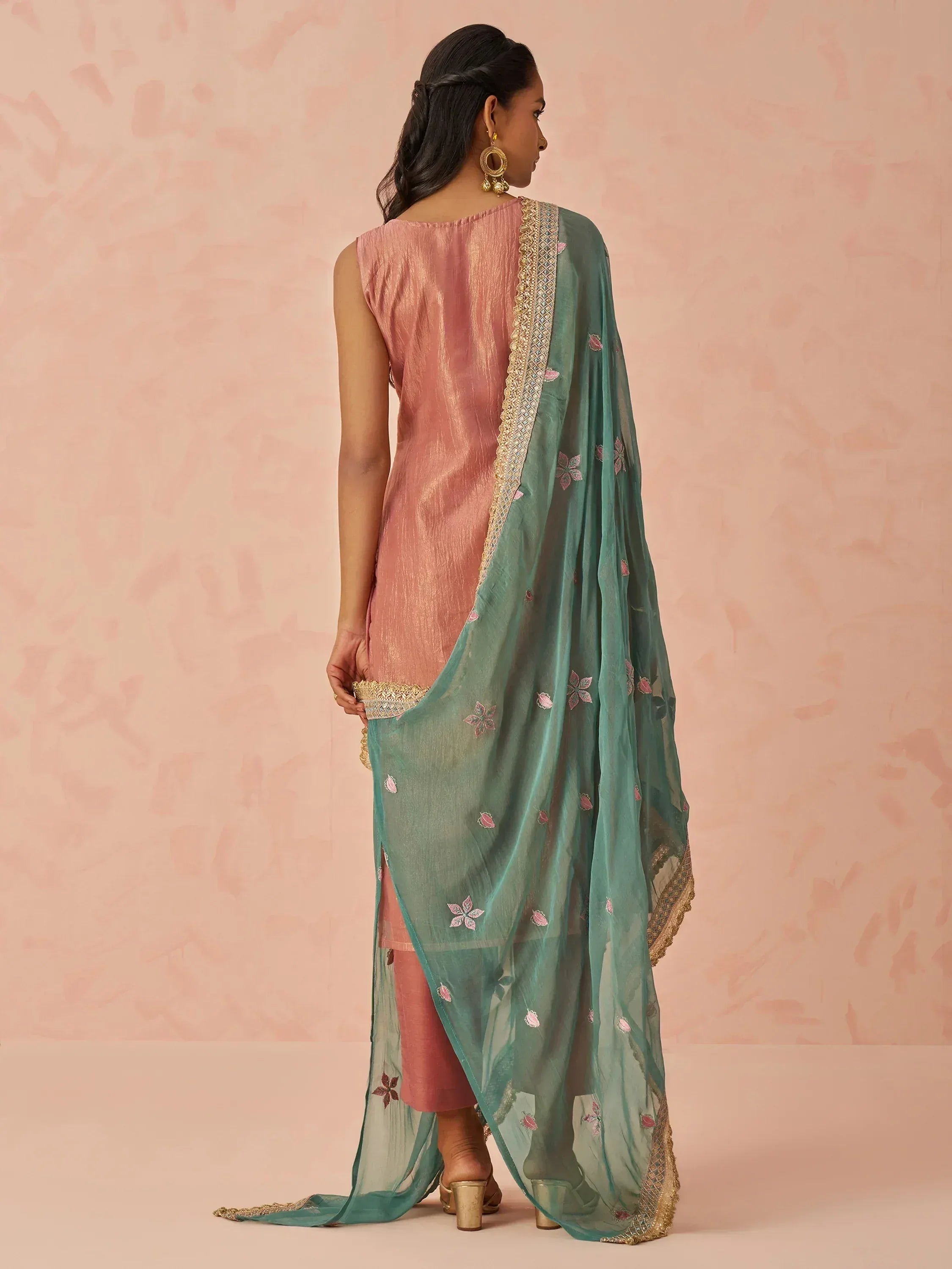 Pink sleeveless kurta with teal floral dupatta, ethnic wear for women