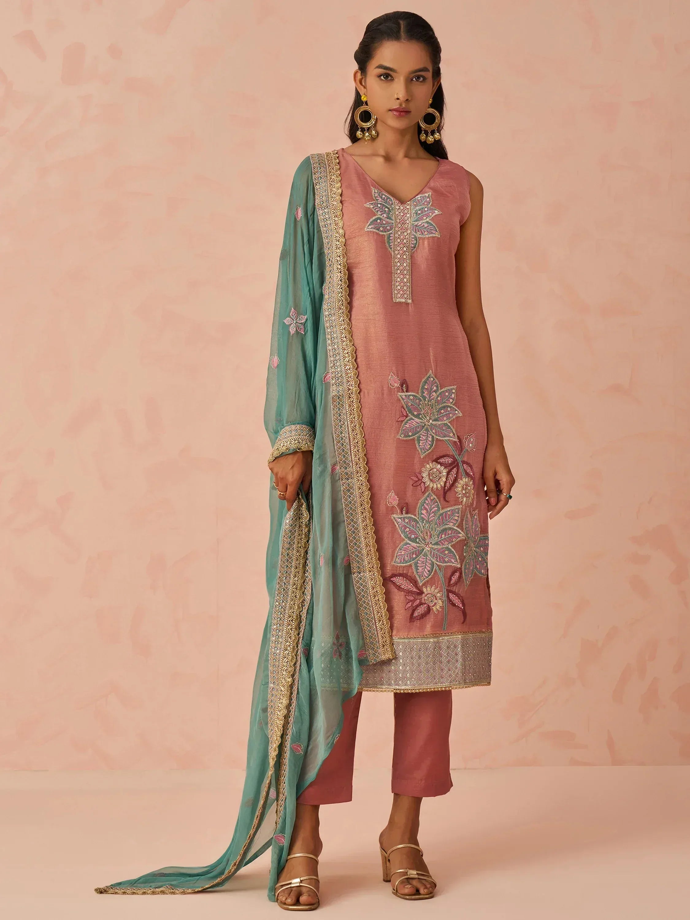 Pink embroidered kurta with teal dupatta, floral motifs, gold trim, ethnic wear for women