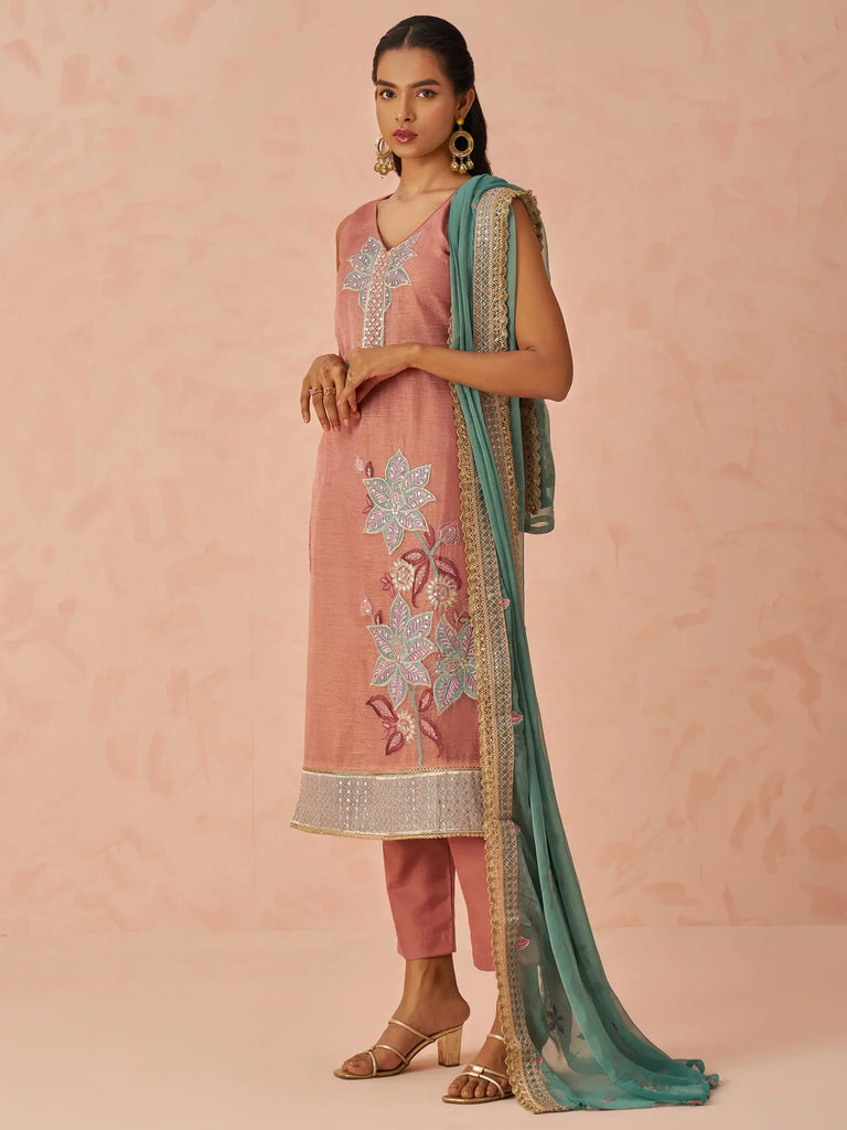Aesthetic Peach Sequins Work Silk Event Wear Pant Suit With Dupatta