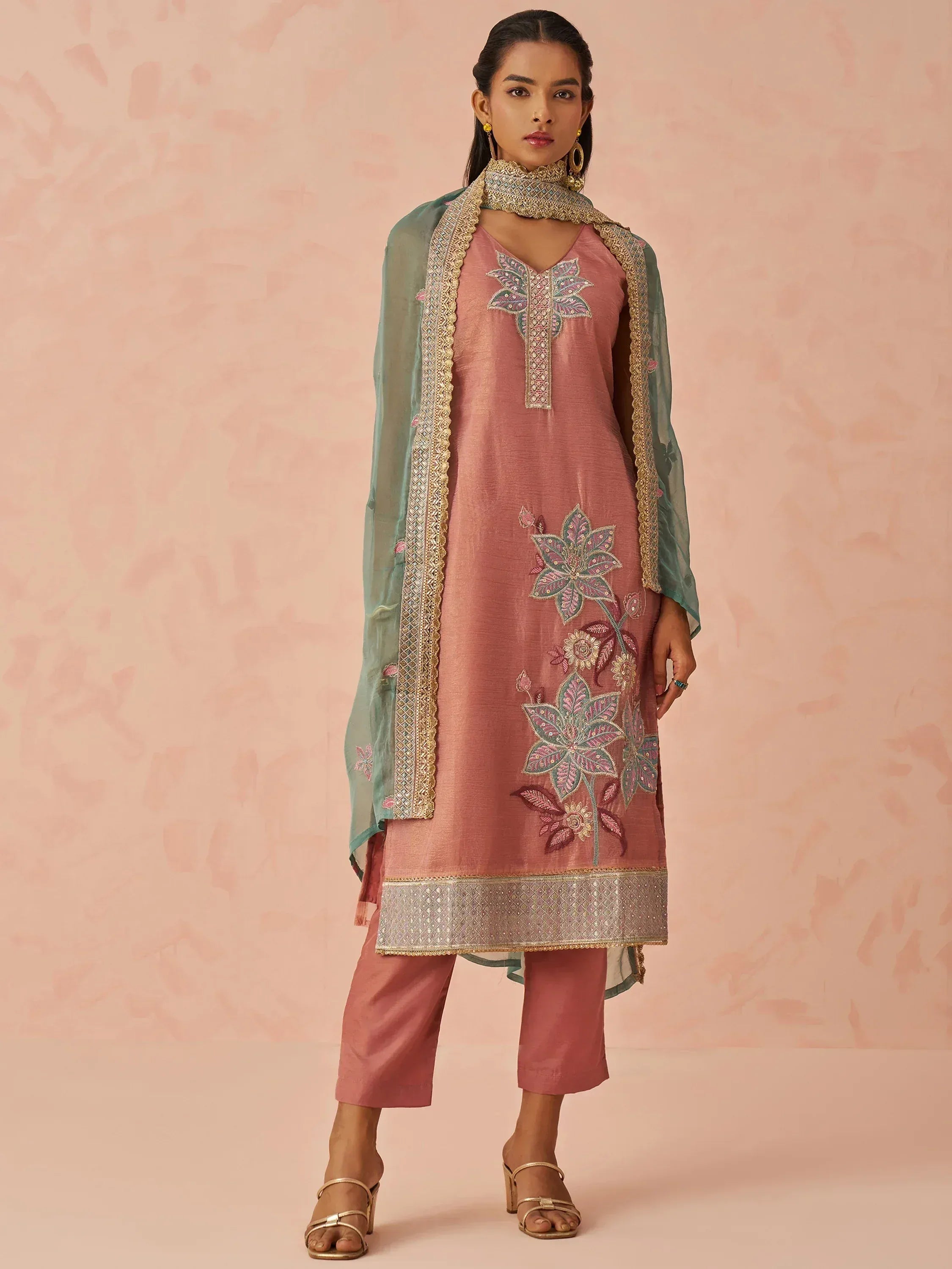 Pink embroidered kurta with matching pants and green dupatta, Indian ethnic wear