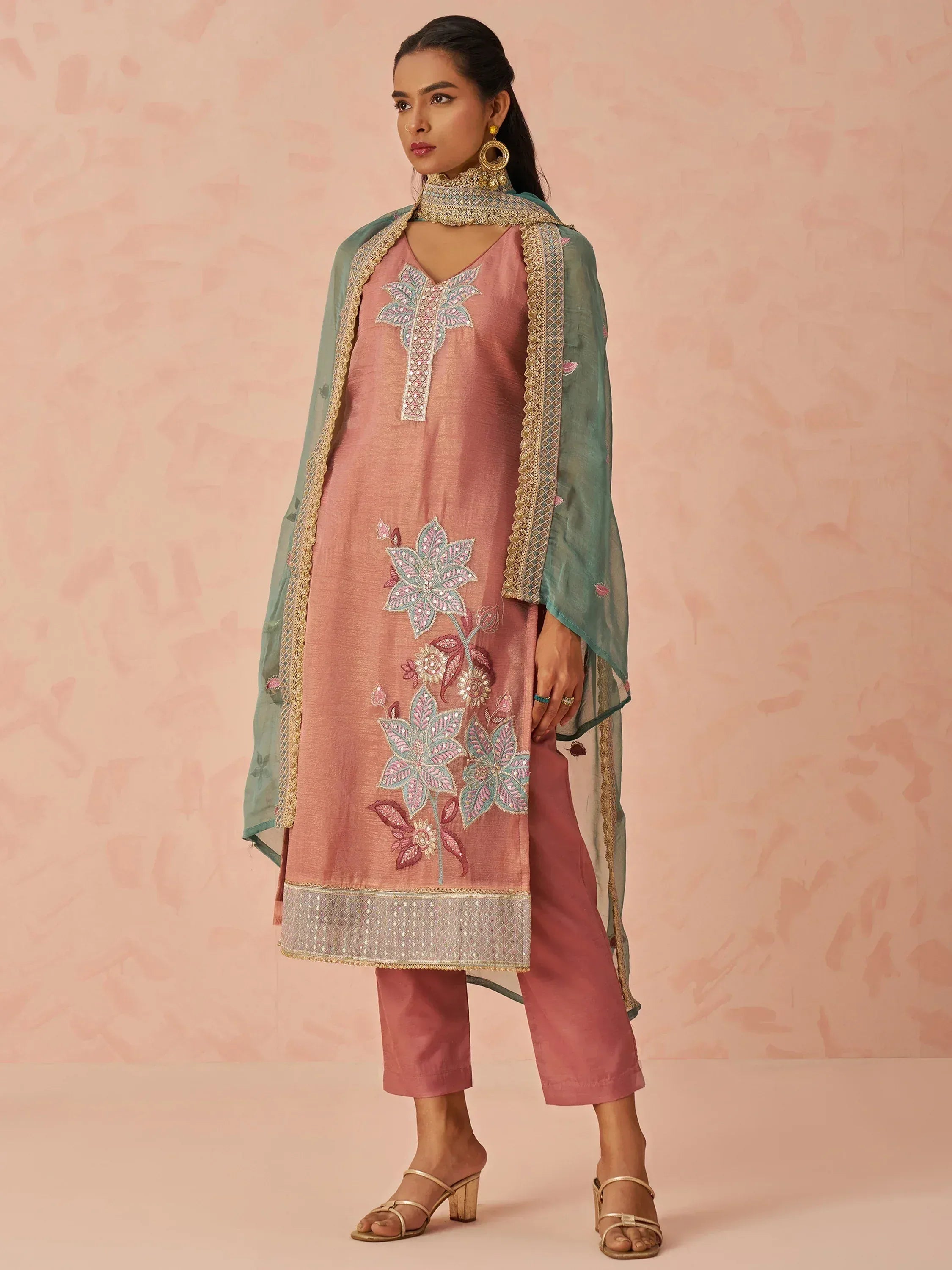 Pink embroidered salwar kameez with floral motifs and green dupatta, Indian ethnic wear