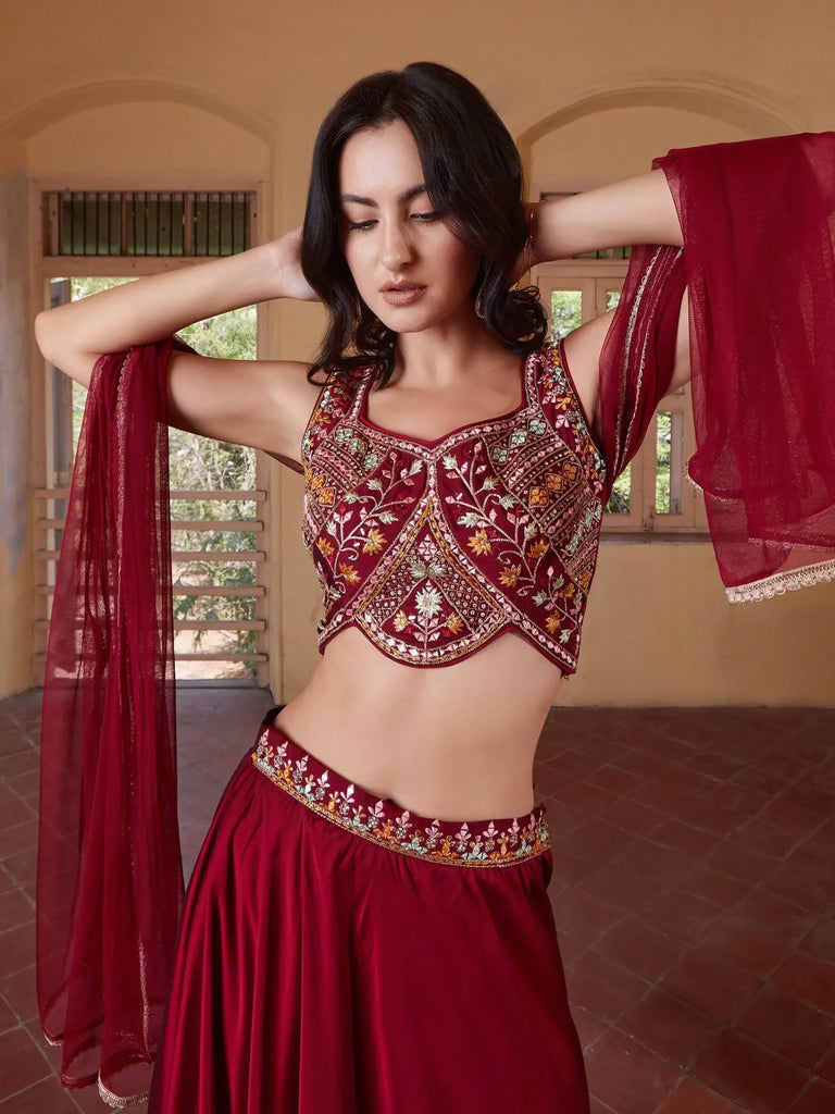 Stunning Maroon Georgette Wedding Wear Lehenga Choli With Dupatta