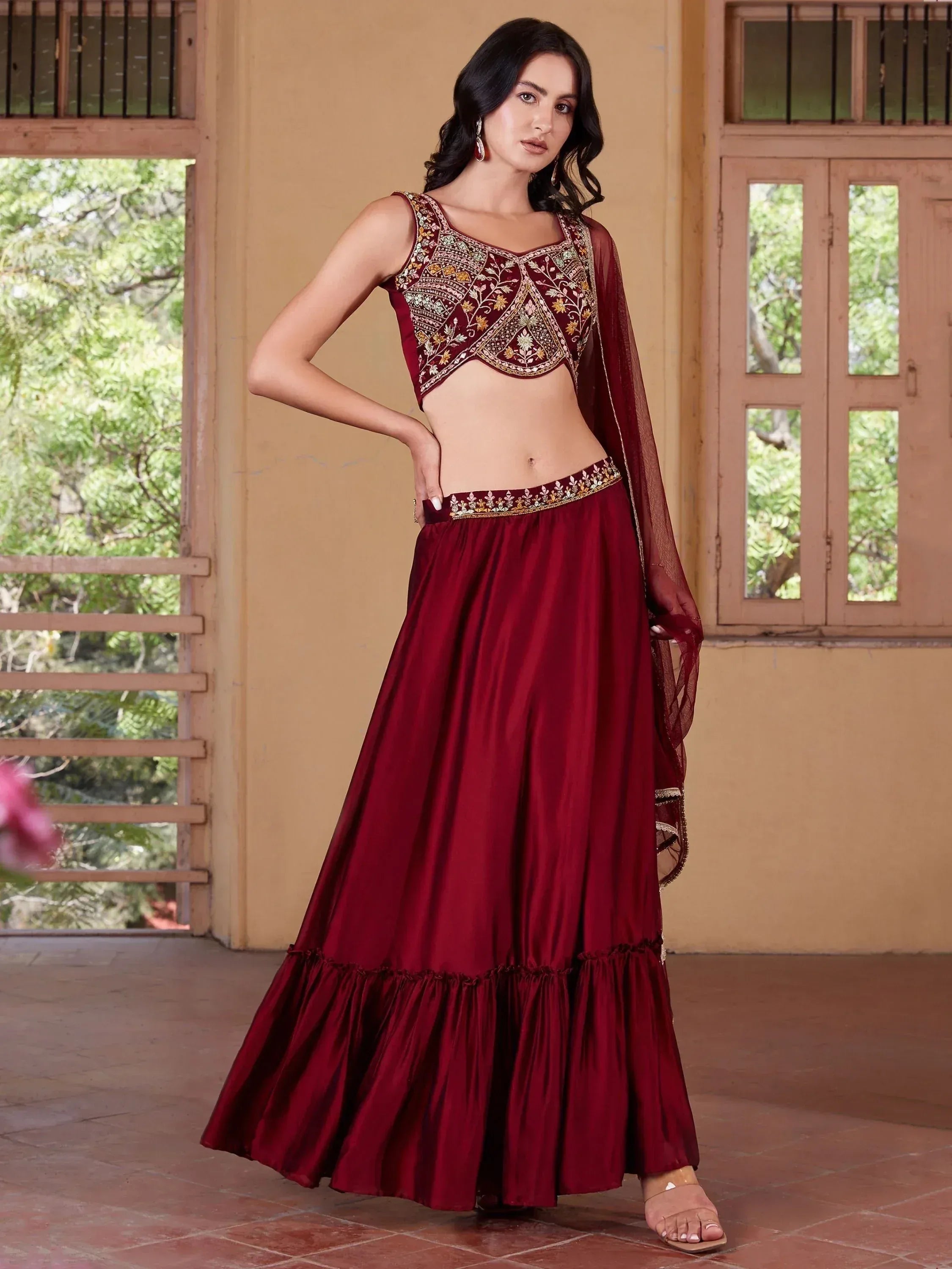 Maroon embroidered lehenga choli with ruffled skirt and sheer dupatta, Indian ethnic wear