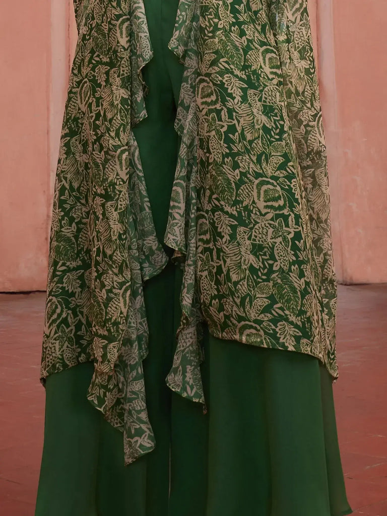 Lovely Green Embroidered Georgette Crop Top Palazzo With Strug