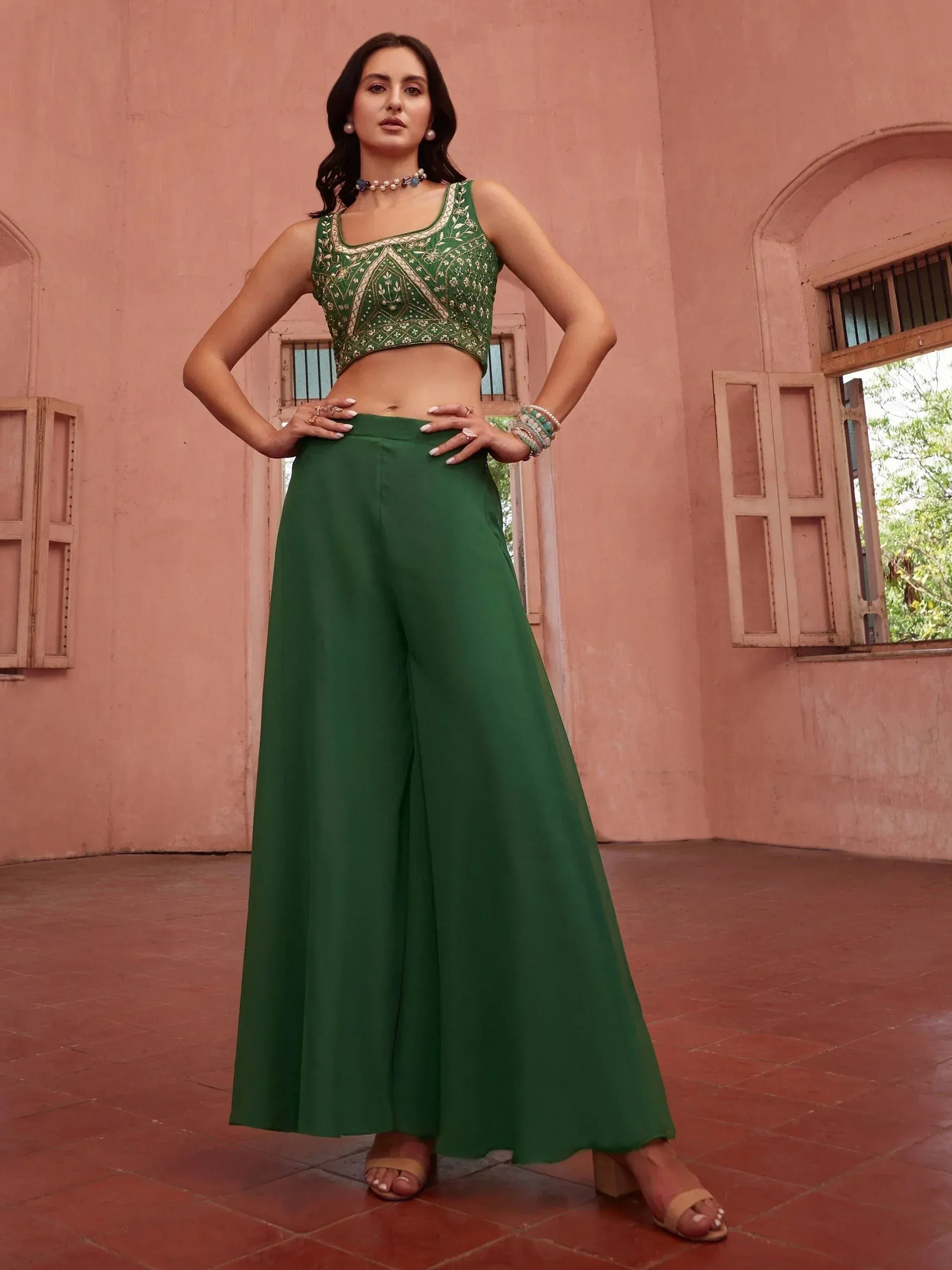 Green embroidered crop top with palazzo pants, Indian ethnic wear for women