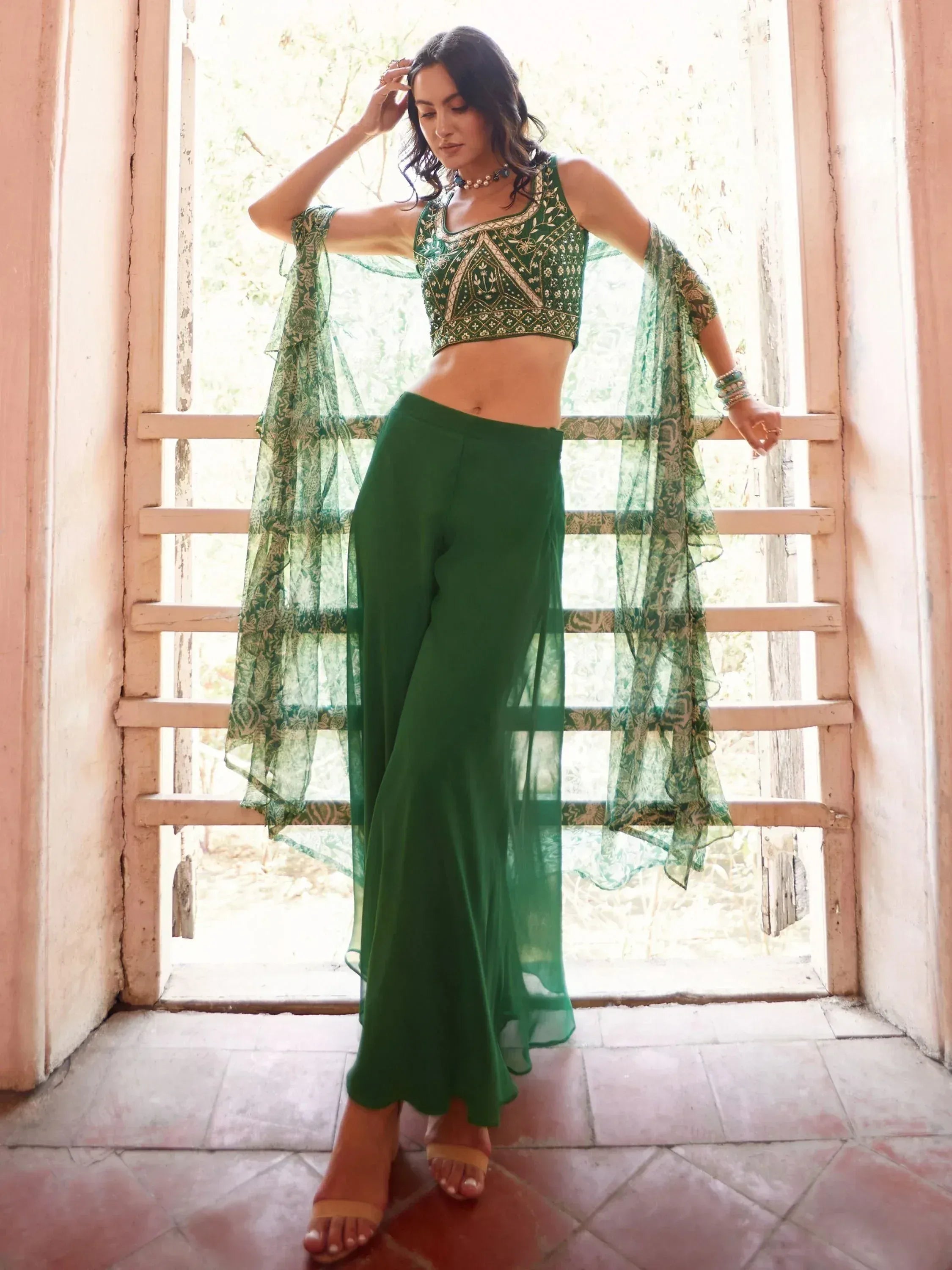Green embroidered crop top with palazzo pants and dupatta, Indian ethnic wear for women