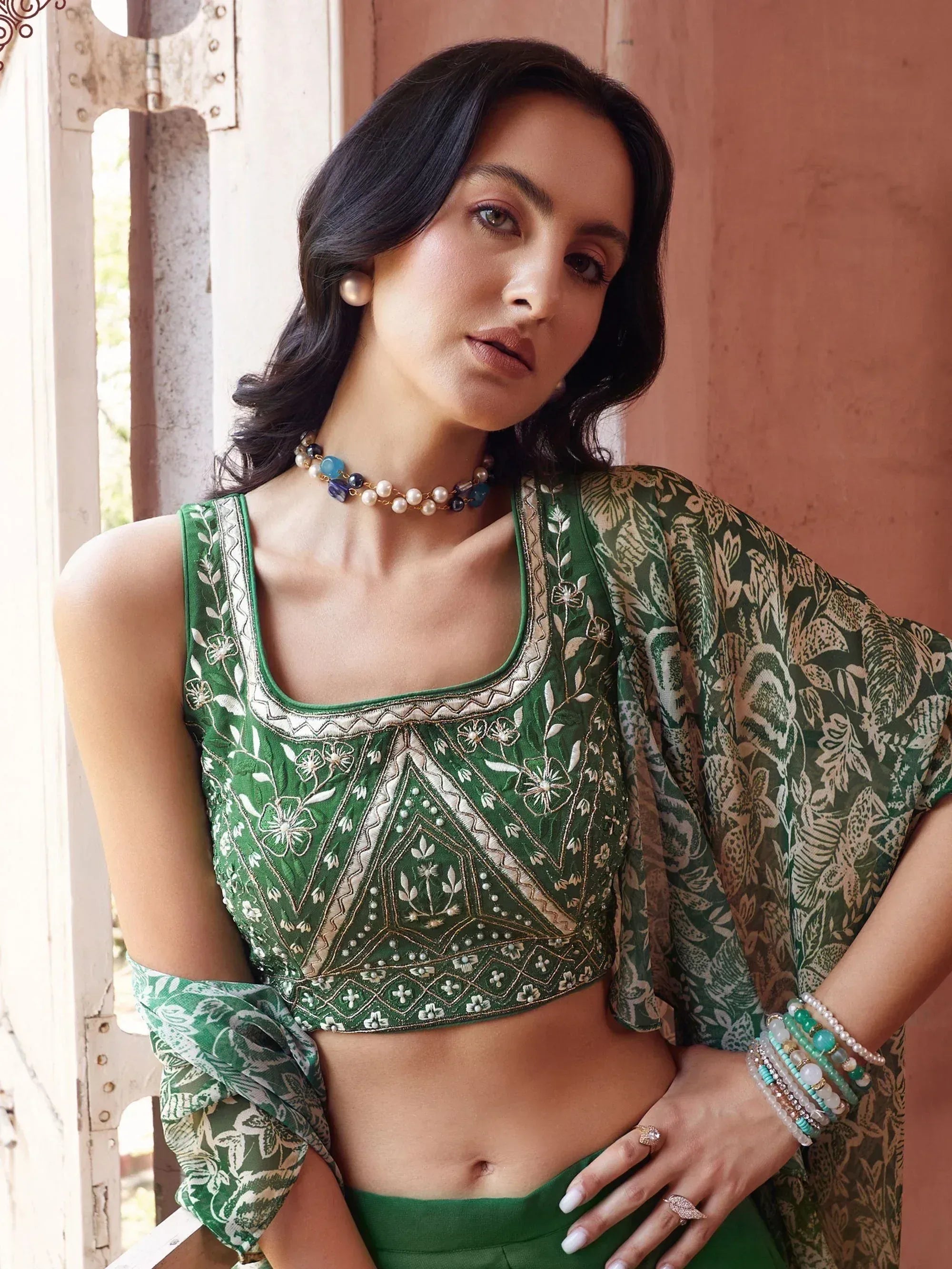 Green embroidered crop top with floral print cape, Indian ethnic wear for women