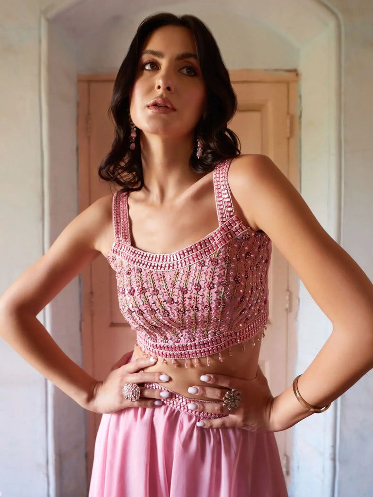 Beautiful Pink Mirror Work Georgette Party Wear Crop Top Palazzo