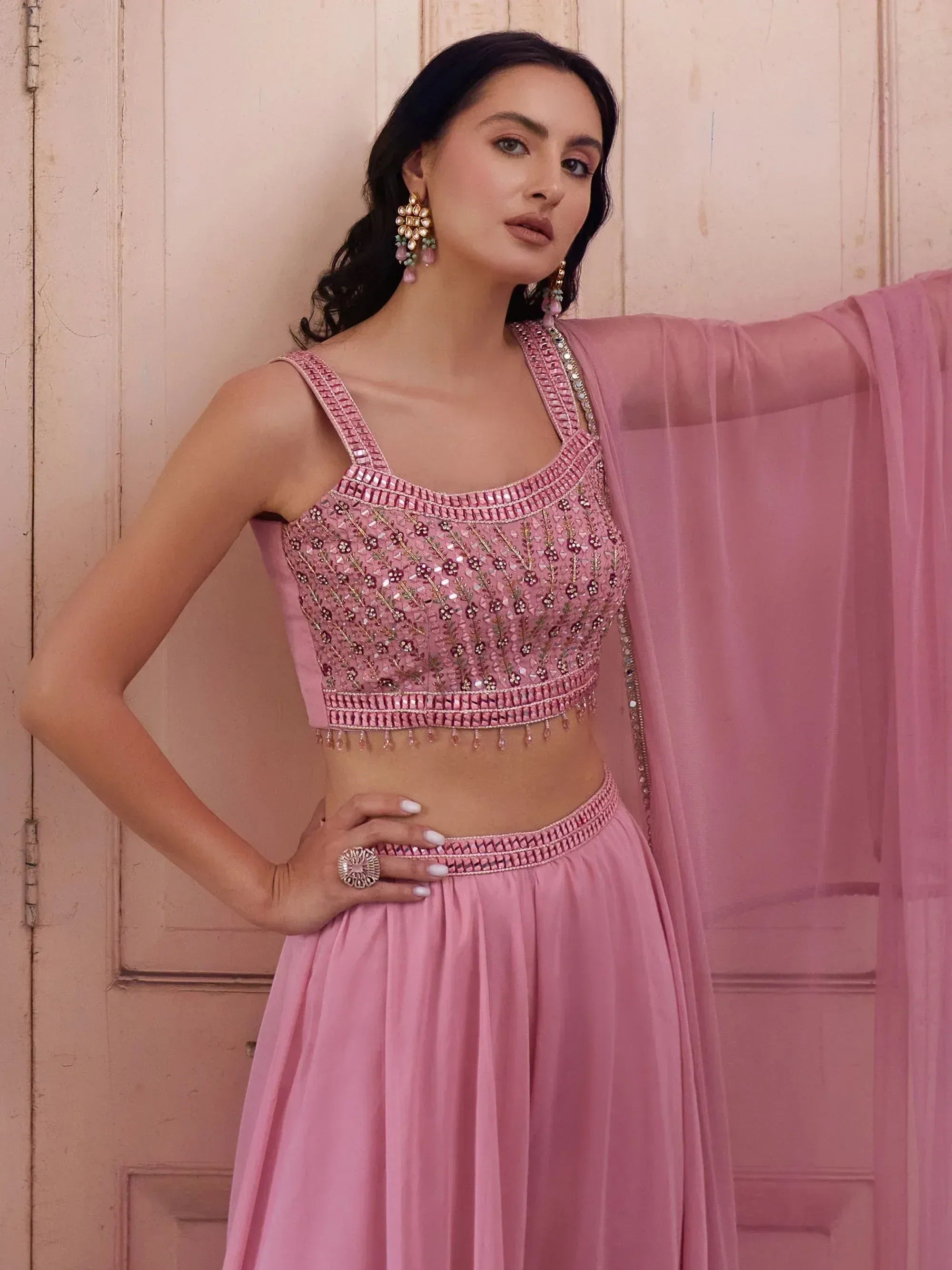 Pink embroidered lehenga choli with dupatta, Indian ethnic wear for women