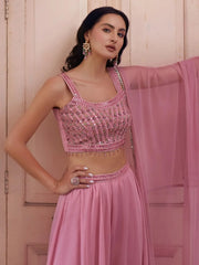 Beautiful Pink Mirror Work Georgette Party Wear Crop Top Palazzo