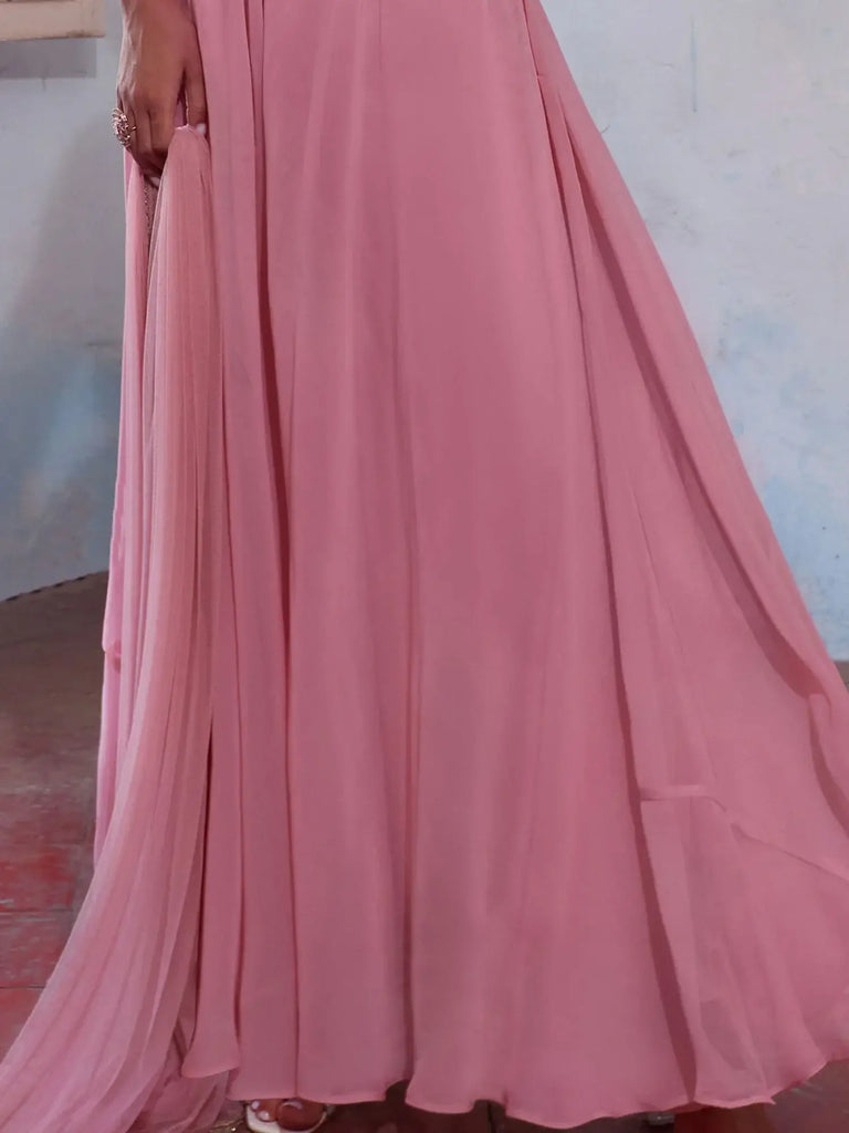 Beautiful Pink Mirror Work Georgette Party Wear Crop Top Palazzo