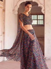 Lovely Navy Blue Digital Printed Georgette Crop Top Palazzo With Strug