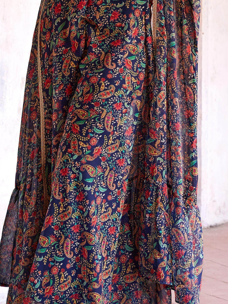 Lovely Navy Blue Digital Printed Georgette Crop Top Palazzo With Strug