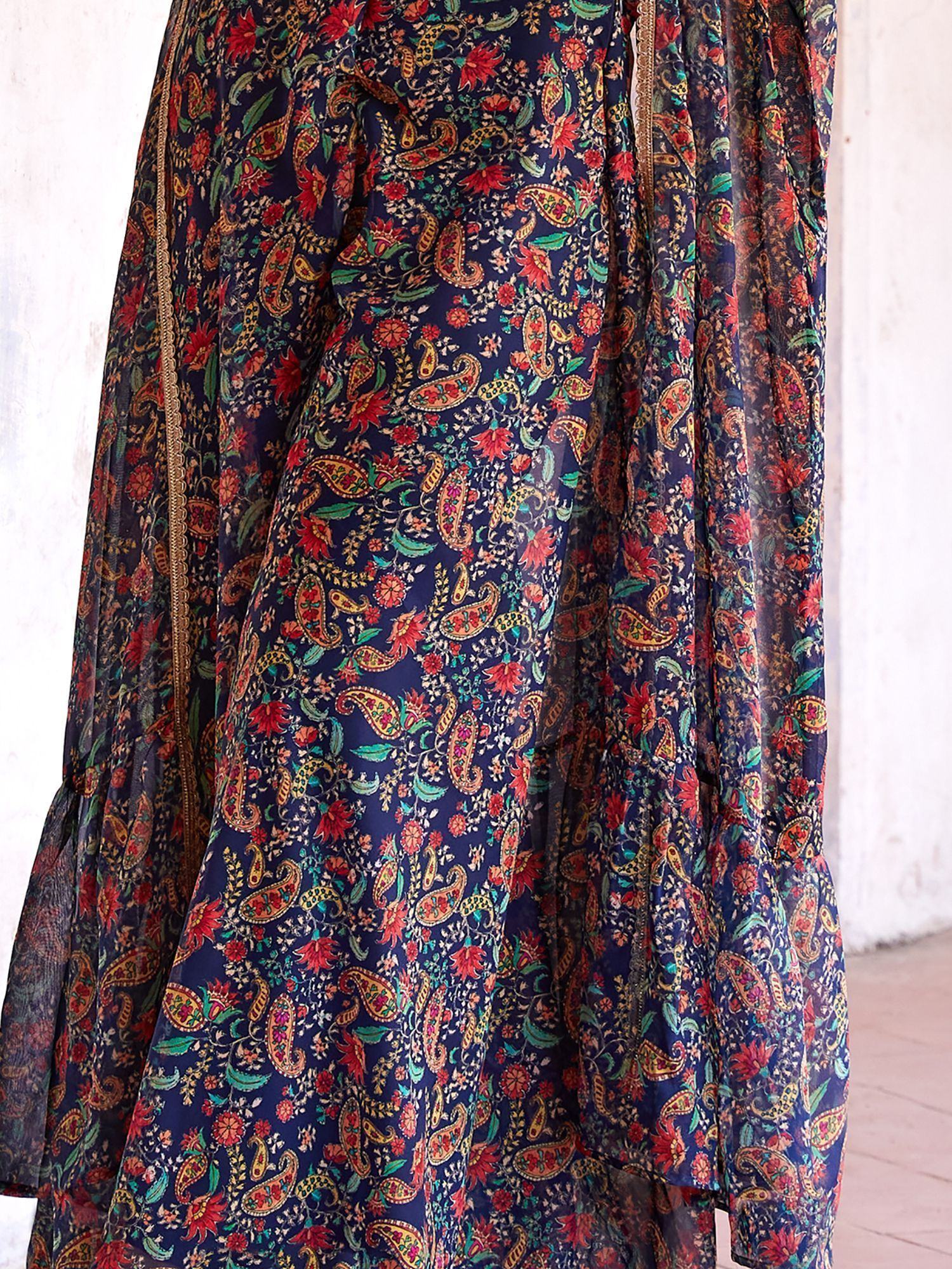 Navy blue ethnic gown with red floral and paisley print, sheer long sleeves