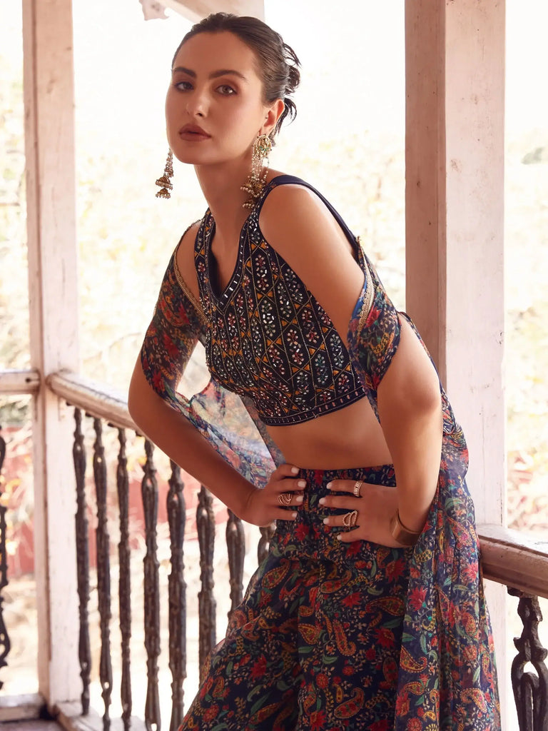Lovely Navy Blue Digital Printed Georgette Crop Top Palazzo With Strug