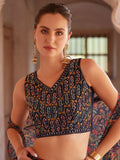 Lovely Navy Blue Digital Printed Georgette Crop Top Palazzo With Strug