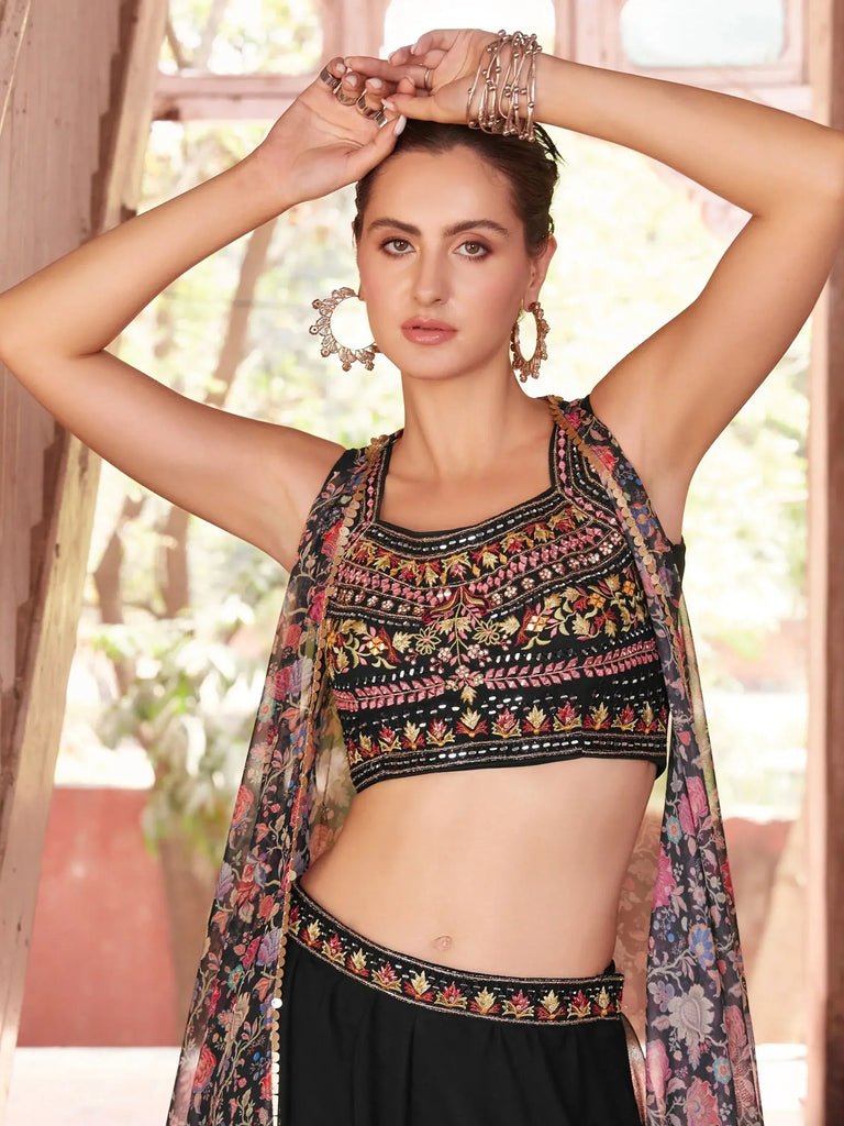 Pretty Black Embroidered Georgette Crop Top Palazzo With Strug