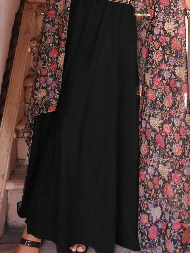Pretty Black Embroidered Georgette Crop Top Palazzo With Strug
