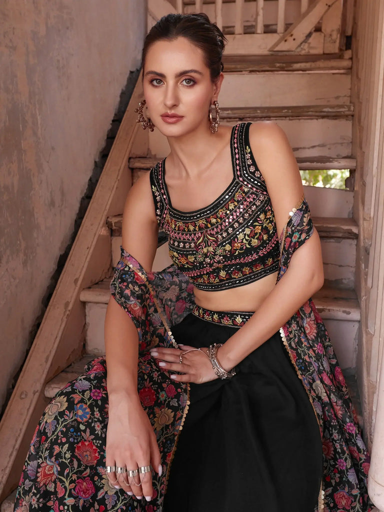 Pretty Black Embroidered Georgette Crop Top Palazzo With Strug