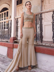 Cute Beige Mirror Work Georgette Designer Crop Top Sharara With Strug