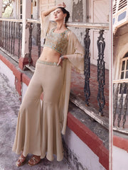 Cute Beige Mirror Work Georgette Designer Crop Top Sharara With Strug