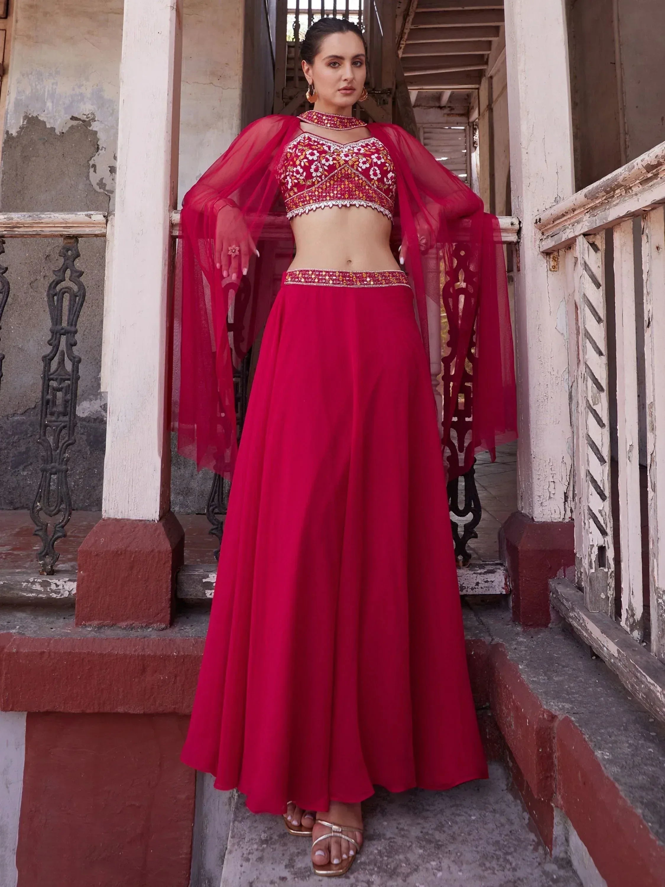 Red embroidered lehenga choli with sheer cape, Indian ethnic wear for women