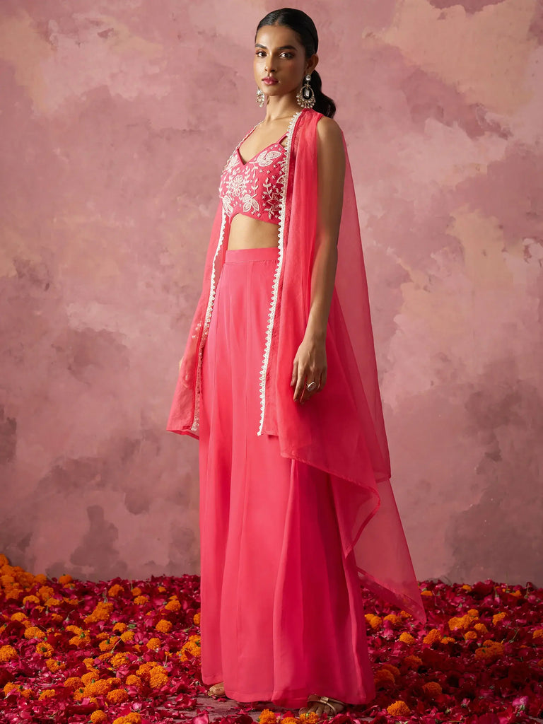 Stunning Pink Khatli Work Georgette Crop Top Palazzo With Shrug