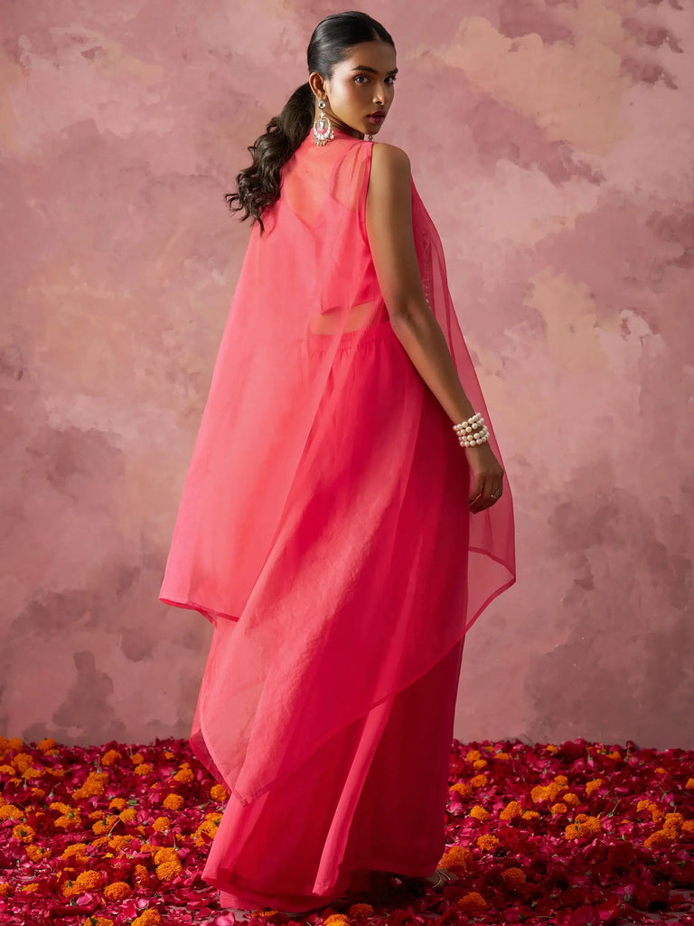Stunning Pink Khatli Work Georgette Crop Top Palazzo With Shrug
