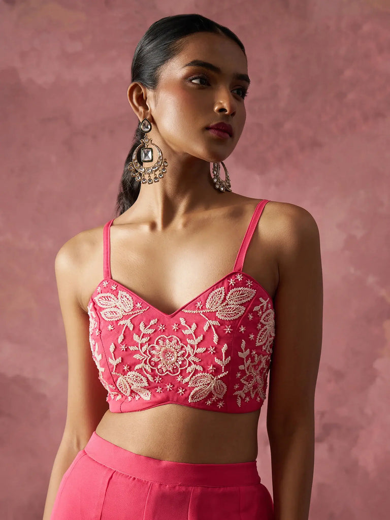 Stunning Pink Khatli Work Georgette Crop Top Palazzo With Shrug