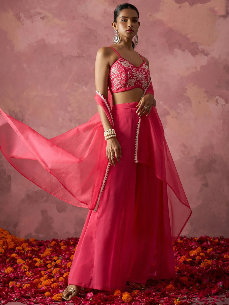 Stunning Pink Khatli Work Georgette Crop Top Palazzo With Shrug