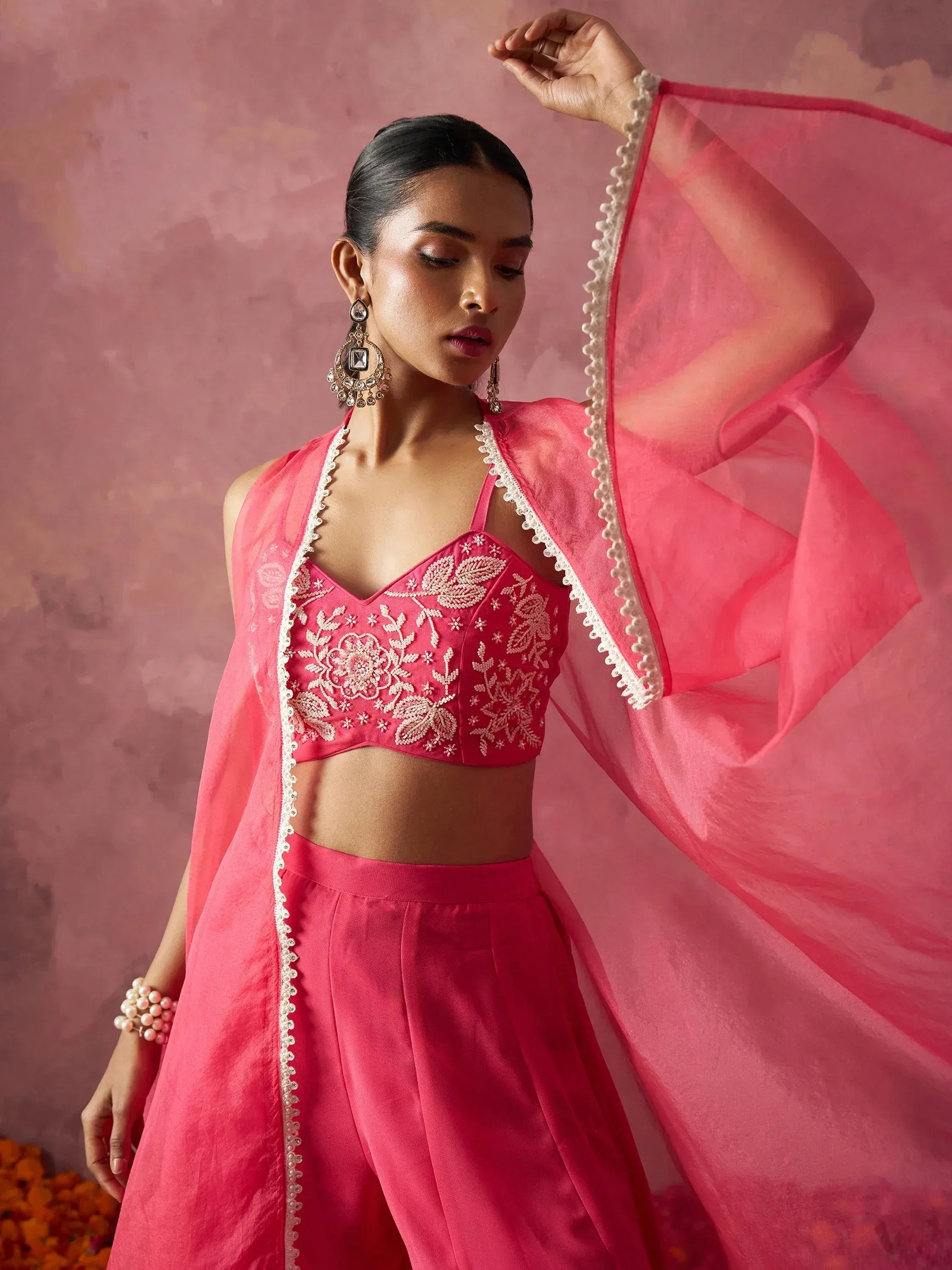 Stunning Pink Khatli Work Georgette Crop Top Palazzo With Shrug