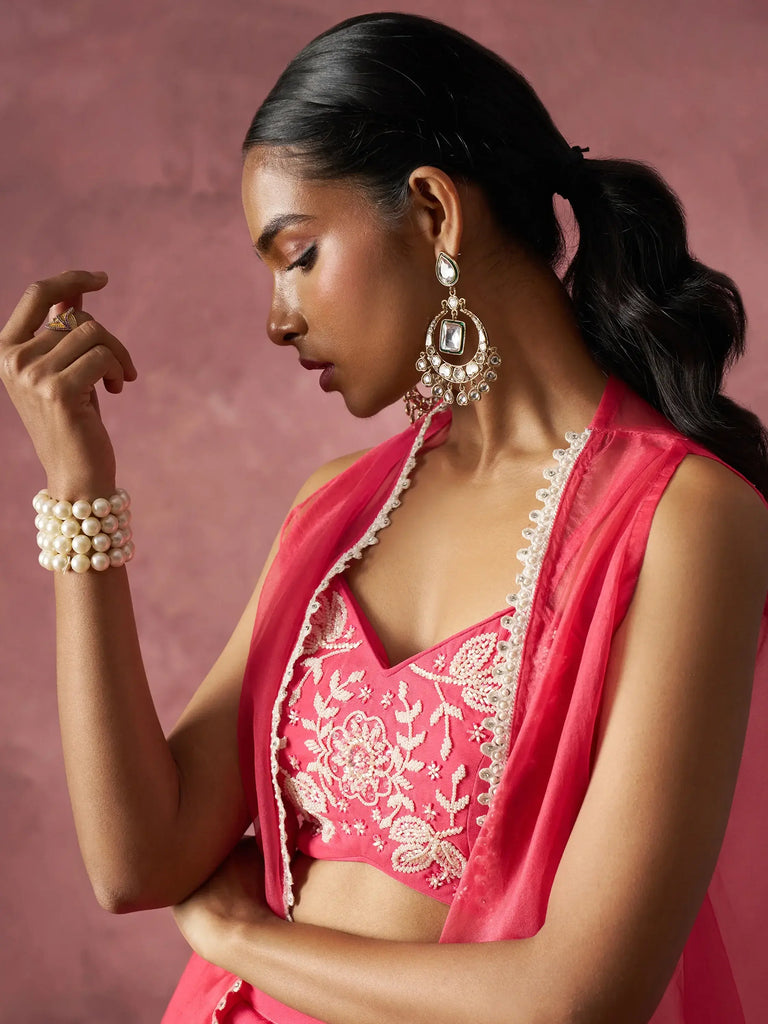 Stunning Pink Khatli Work Georgette Crop Top Palazzo With Shrug