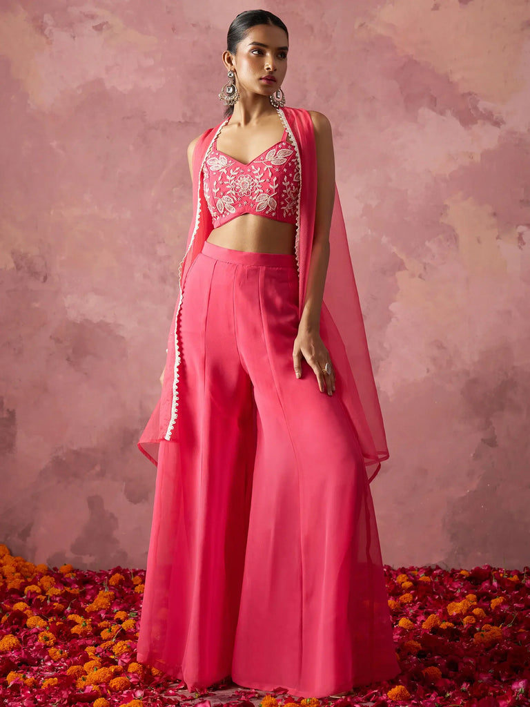 Stunning Pink Khatli Work Georgette Crop Top Palazzo With Shrug