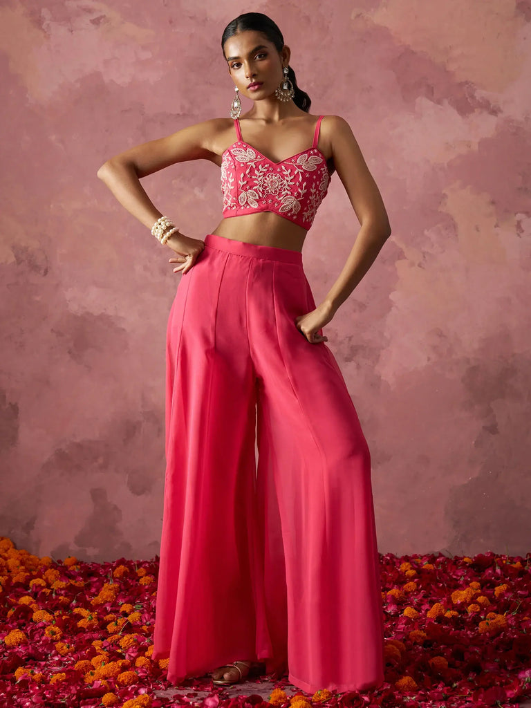 Stunning Pink Khatli Work Georgette Crop Top Palazzo With Shrug