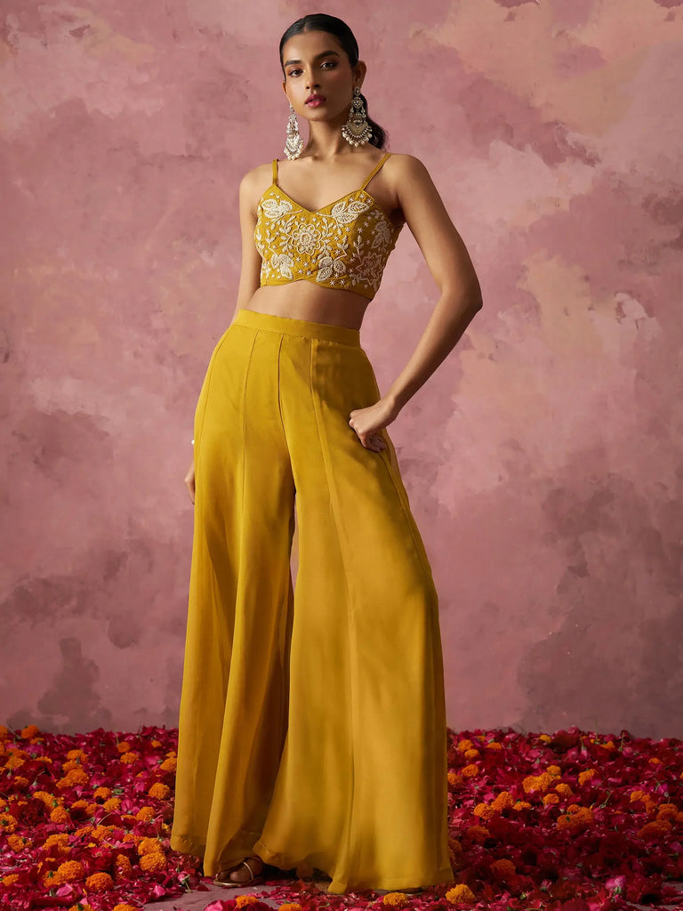 Incredible Yellow Khatli Work Georgette Crop Top Palazzo With Shrug