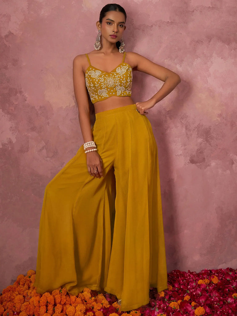 Incredible Yellow Khatli Work Georgette Crop Top Palazzo With Shrug