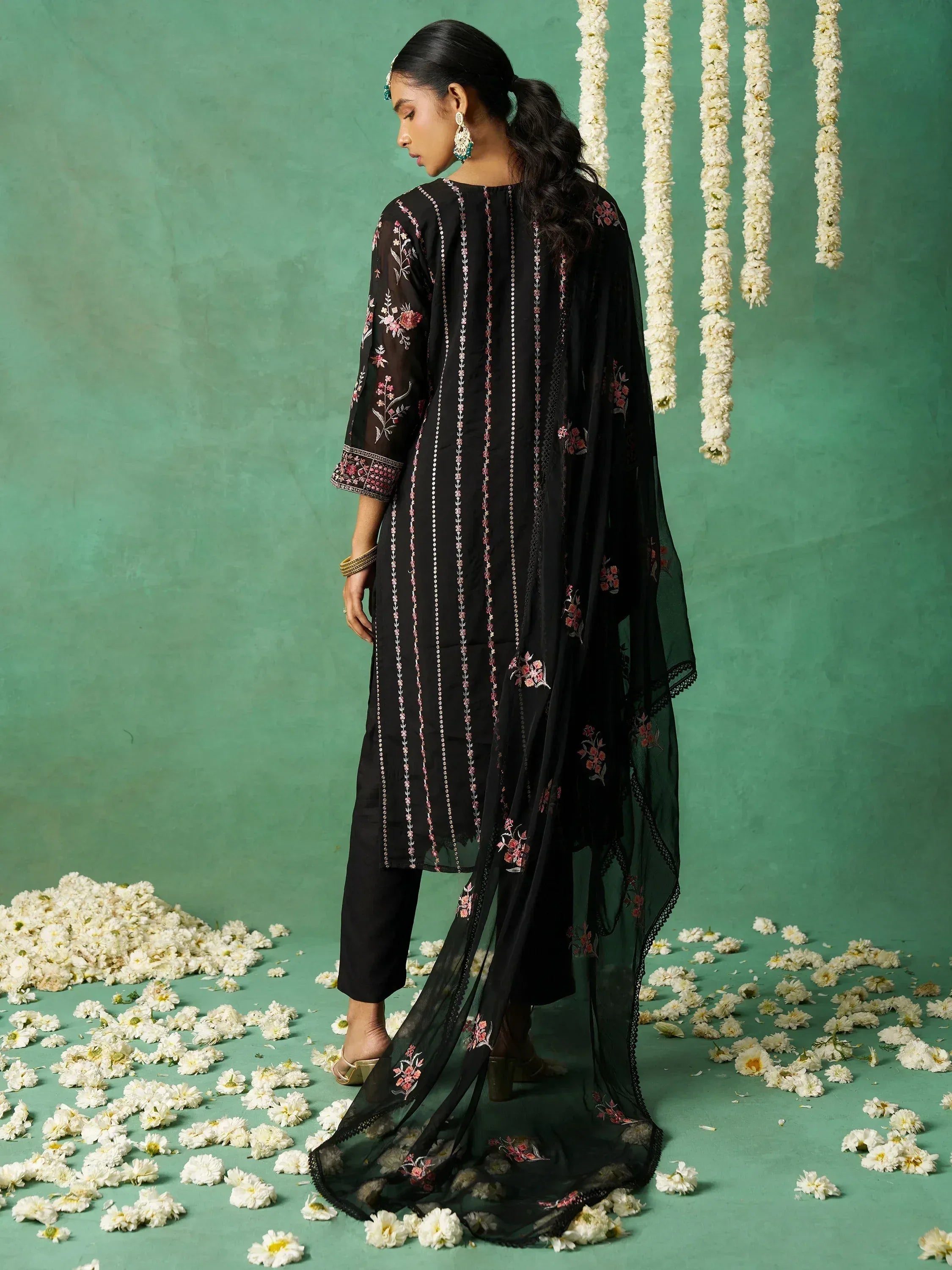 Black embroidered salwar kameez with floral dupatta, ethnic wear for women