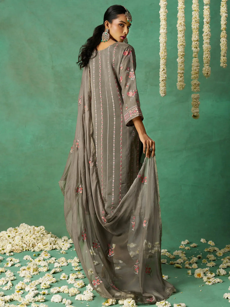 Attractive Grey Embroidered Organza Festival Wear Pant Suit