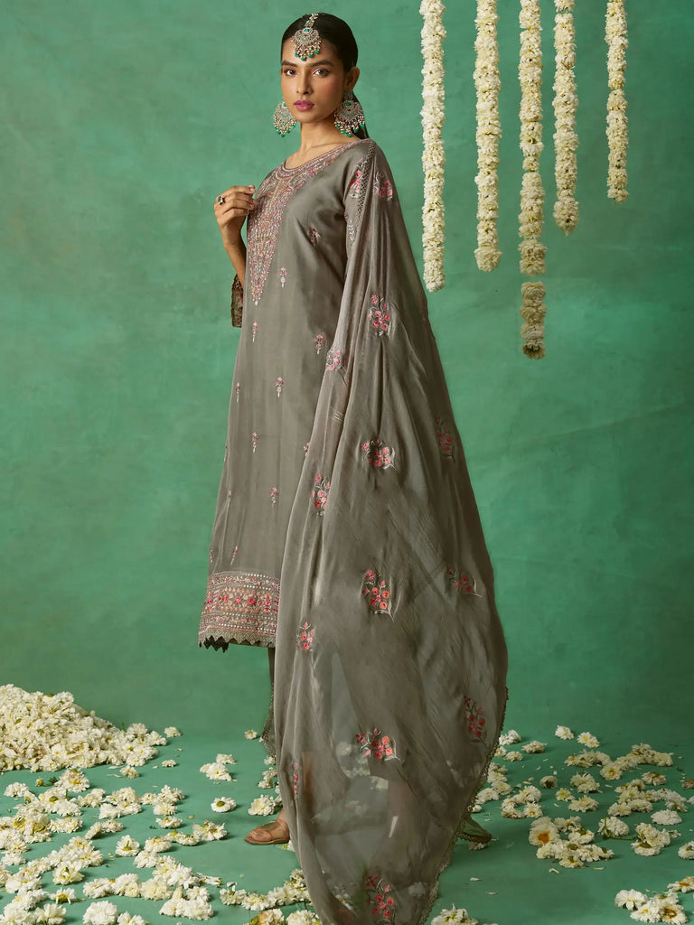 Attractive Grey Embroidered Organza Festival Wear Pant Suit