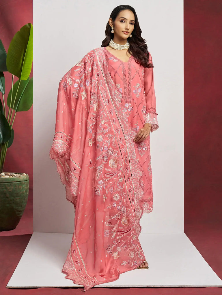 Fascinating Peach Embroidered Organza Festival Wear Pant Suit