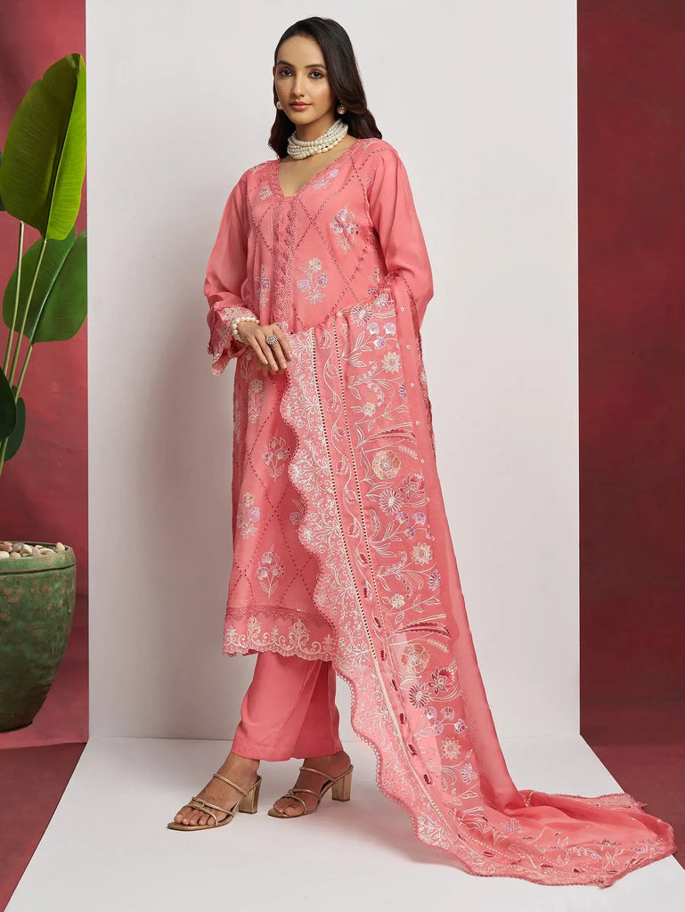 Fascinating Peach Embroidered Organza Festival Wear Pant Suit