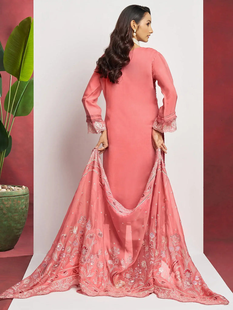 Fascinating Peach Embroidered Organza Festival Wear Pant Suit