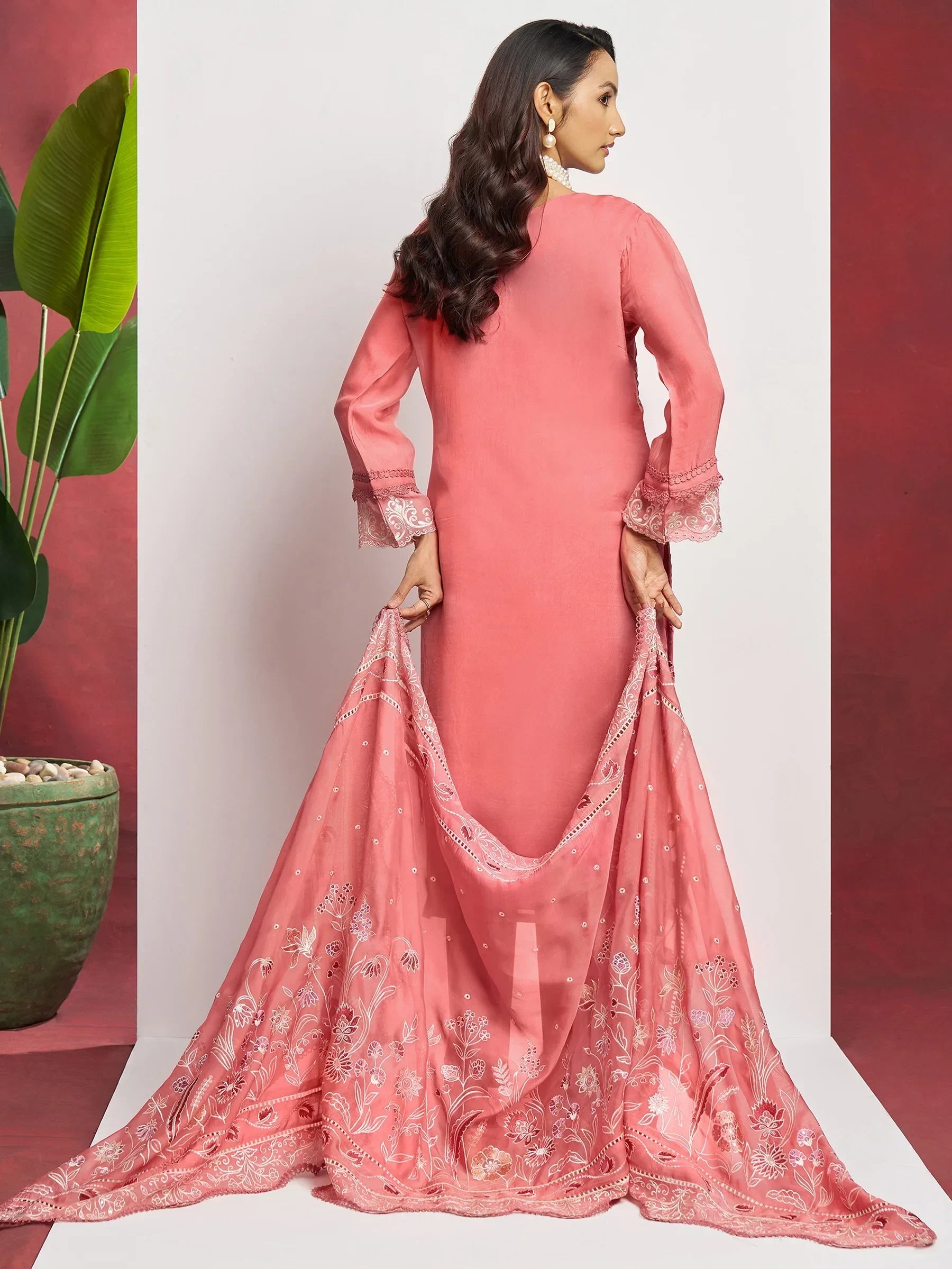 Fascinating Peach Embroidered Organza Festival Wear Pant Suit