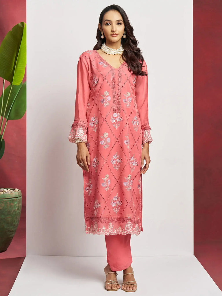 Fascinating Peach Embroidered Organza Festival Wear Pant Suit