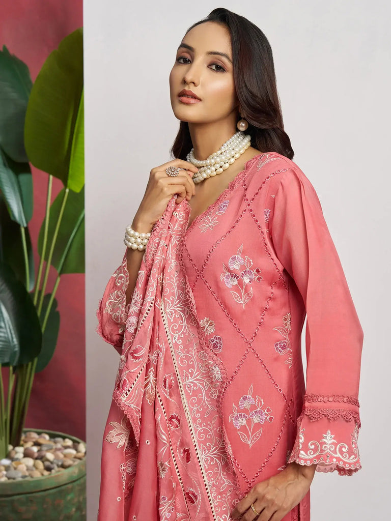 Fascinating Peach Embroidered Organza Festival Wear Pant Suit