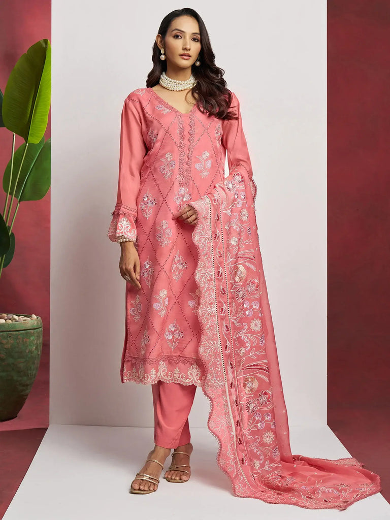 Fascinating Peach Embroidered Organza Festival Wear Pant Suit