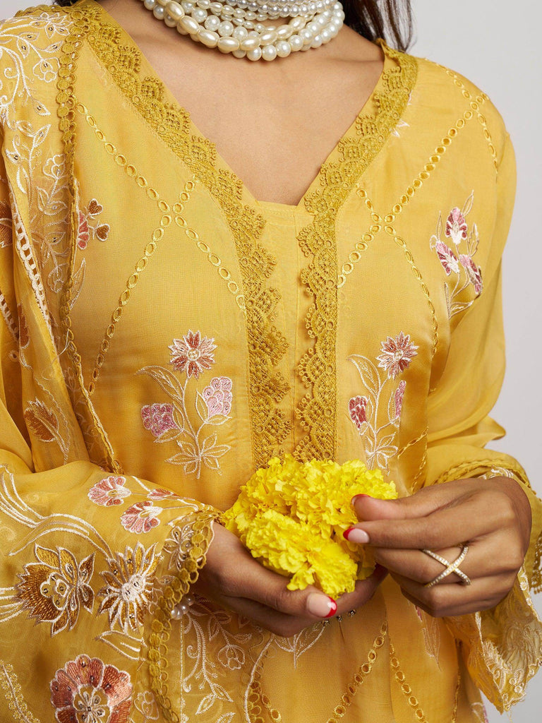 Glamorous Yellow Embroidered Organza Haldi Wear Pant Suit