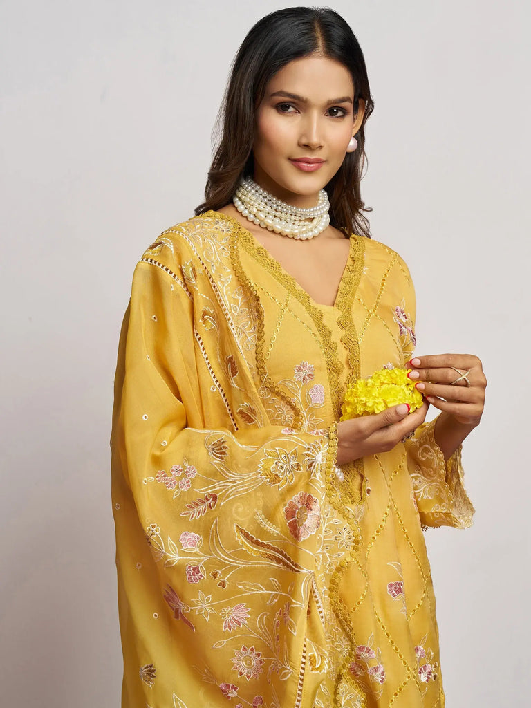 Glamorous Yellow Embroidered Organza Haldi Wear Pant Suit