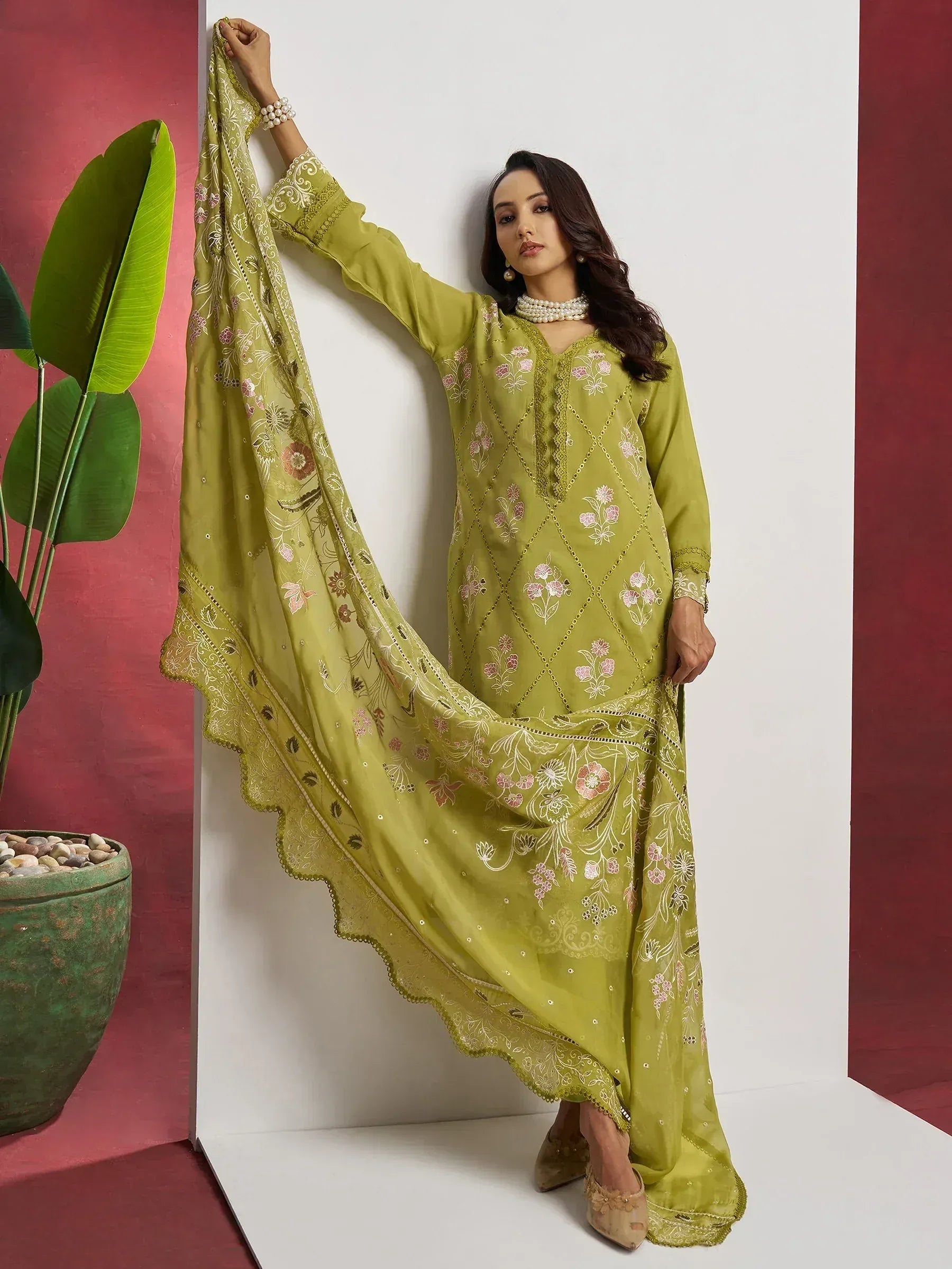 Olive green embroidered salwar kameez with floral dupatta, Indian ethnic wear for women