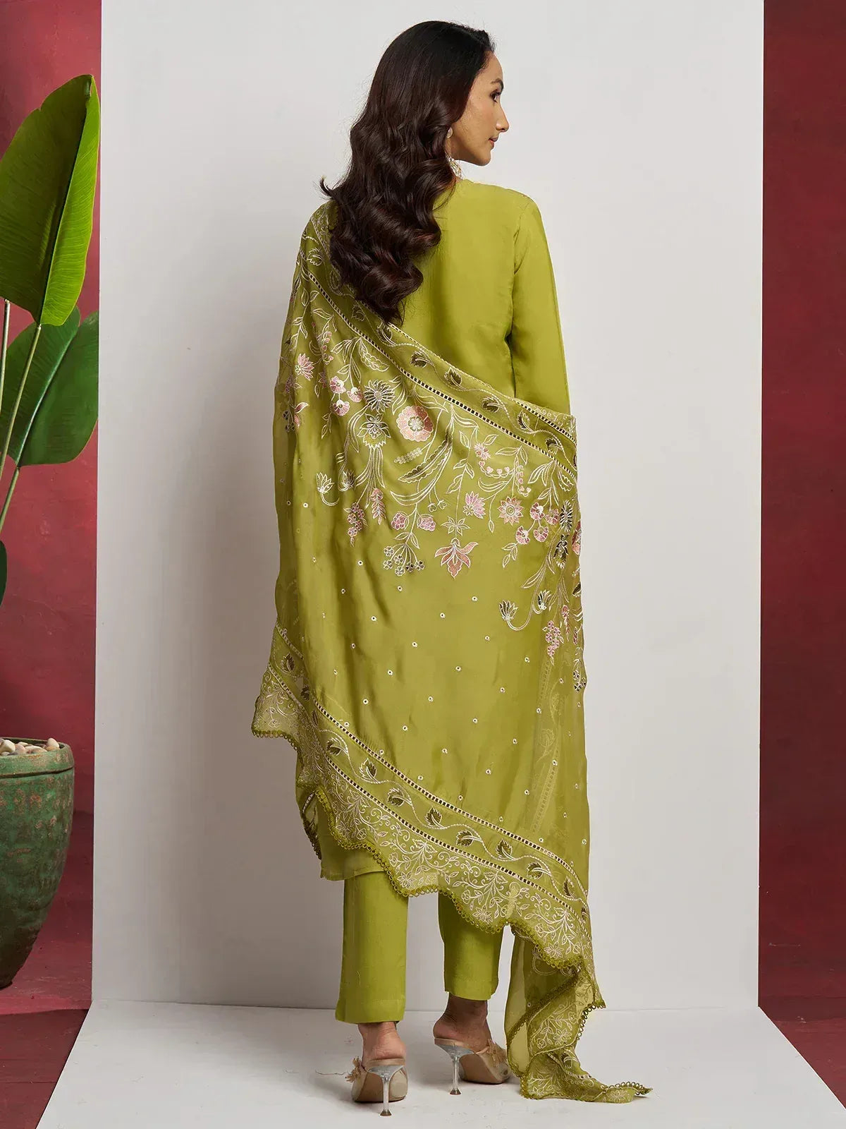 Olive green embroidered salwar kameez with floral dupatta, ethnic Indian wear for women
